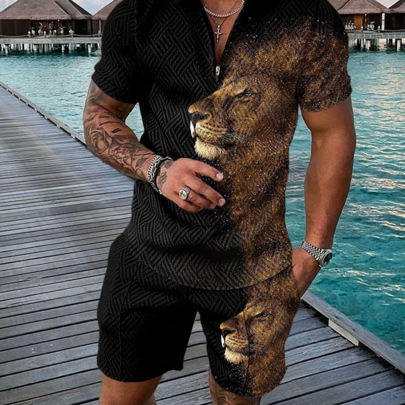 Men's Summer Sports Patchwork Zipper Polo Shirt & Shorts Set – Stylish Casual Streetwear, Short Sleeve, 2-Piece Outfit