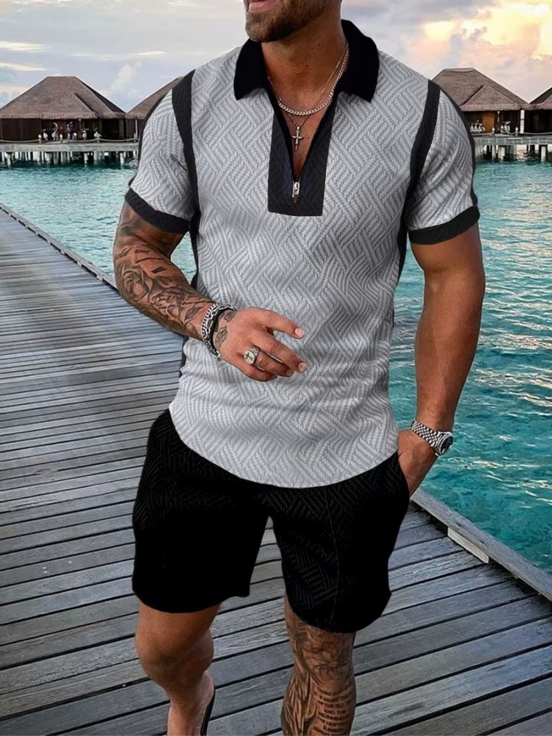 Men's Summer Sports Patchwork Zipper Polo Shirt & Shorts Set – Stylish Casual Streetwear, Short Sleeve, 2-Piece Outfit - Image 3