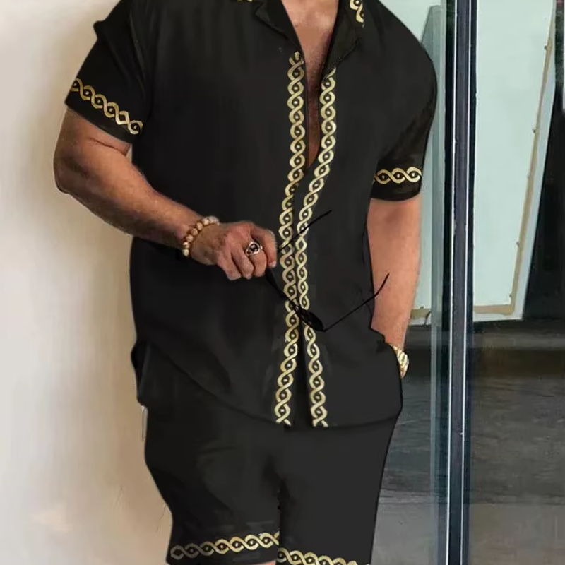 Summer Luxury Men's 2-Piece Set – Short Sleeve Shirt & Drawstring Shorts