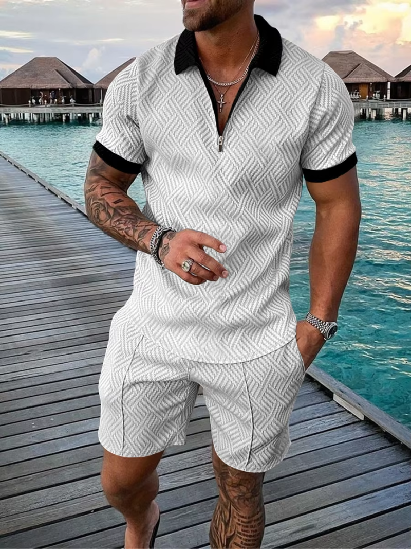 Men's Summer Sports Patchwork Zipper Polo Shirt & Shorts Set – Stylish Casual Streetwear, Short Sleeve, 2-Piece Outfit - Image 2