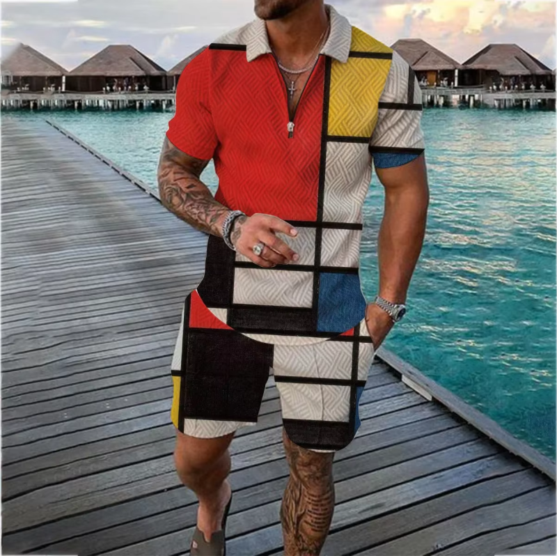 Men's Summer Sports Patchwork Zipper Polo Shirt & Shorts Set – Stylish Casual Streetwear, Short Sleeve, 2-Piece Outfit - Image 5