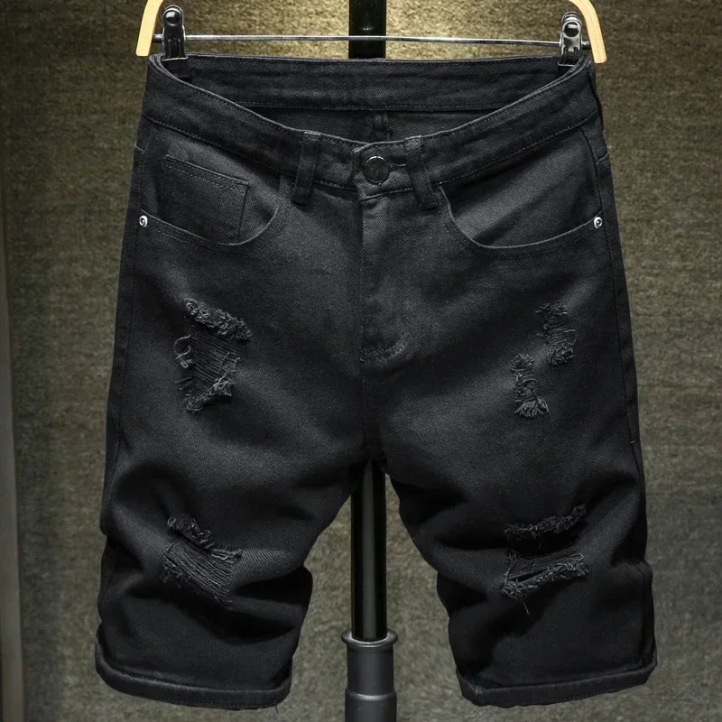 Men’s Ripped Denim Shorts – Knee-Length Streetwear Slim Fit Casual Jean Shorts